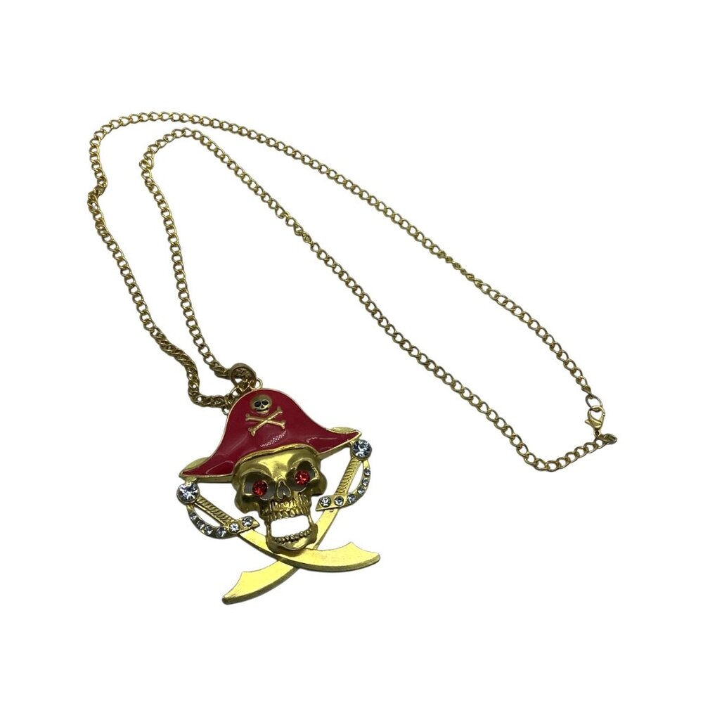 Vtg Pirate Skull Pendant Necklace Red Hat &‎ Rhinestones Costume 18.5”